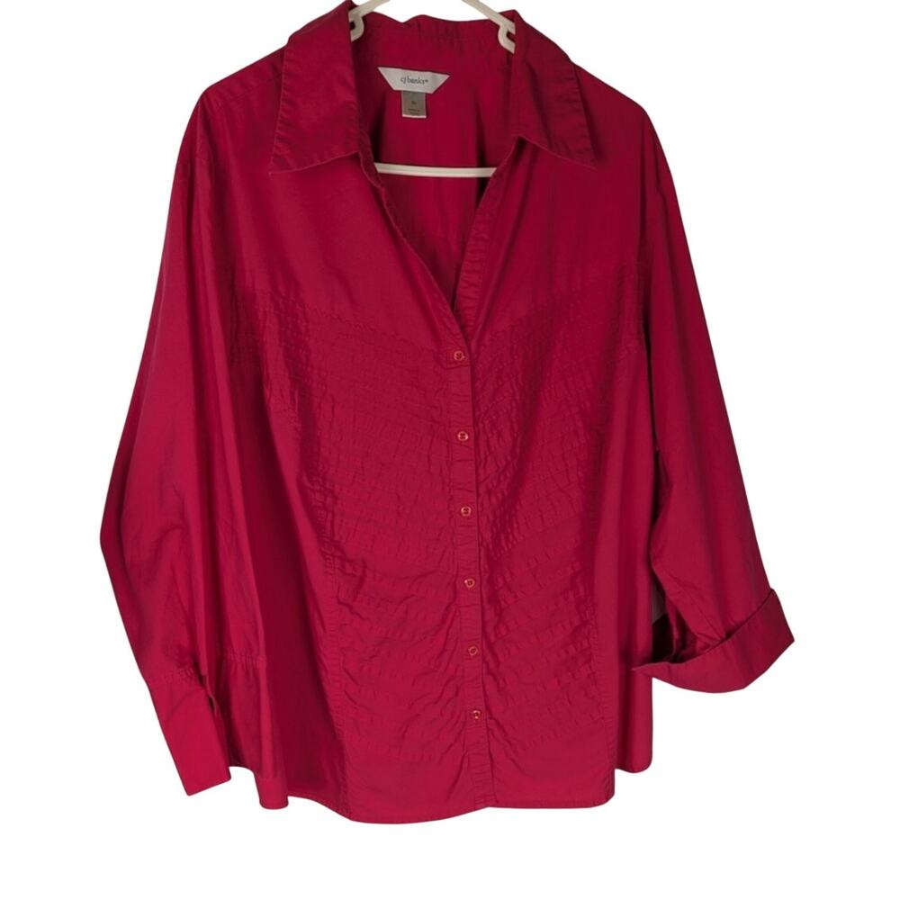 CJ Banks 3X Magenta Pink Pintuck Buttoned Blouse Deep Cuffs Bust 50"EUC Fuchsia